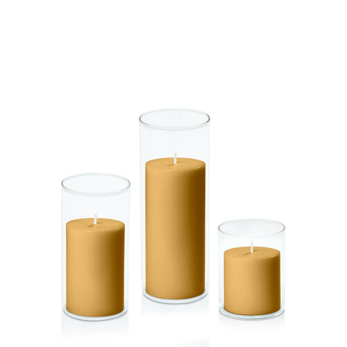 Mustard 7cm Pillar in 8cm Glass Set - Sm