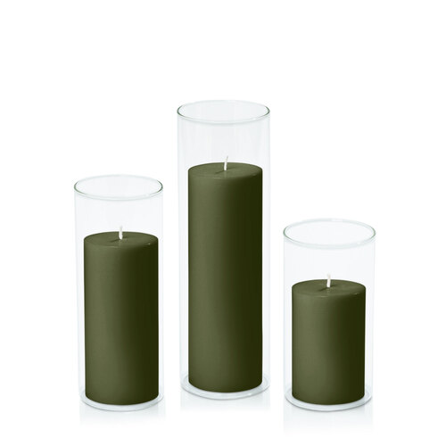 Olive 7cm Pillar in 8cm Glass Set - Med