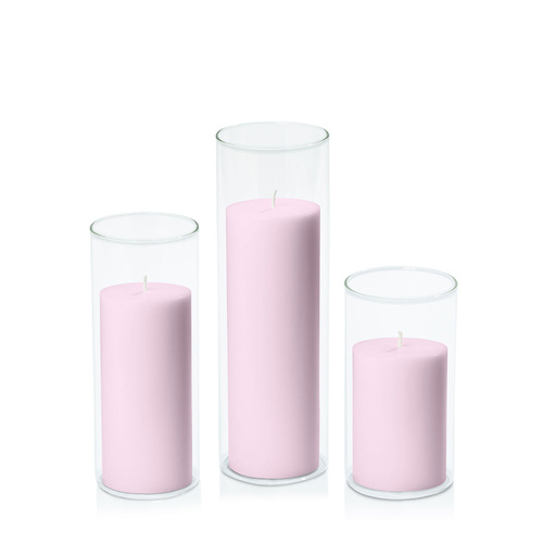 Pastel Pink 7cm Pillar in 8cm Glass Set - Med