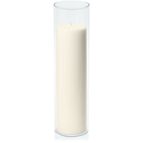 Ivory 7cm x 25cm Pillar in 8cm x 30cm Glass