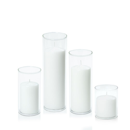 White 7cm Event Pillar in 8cm Glass Set - Sm