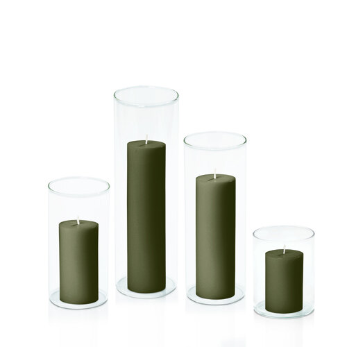 Olive 5cm Pillar in 8cm Glass Set - Sm