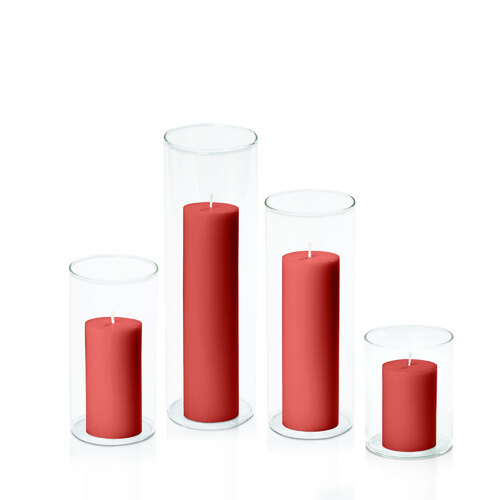 Red 5cm Pillar in 8cm Glass Set - Sm