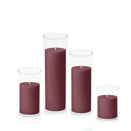Burgundy 7cm Pillar in 8cm Glass Set - Sm