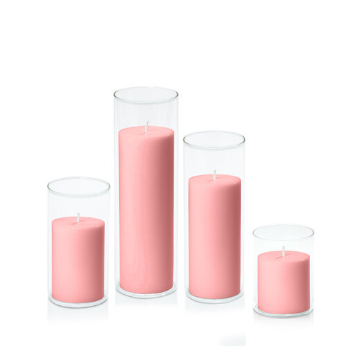 Coral Pink 7cm Pillar in 8cm Glass Set - Sm