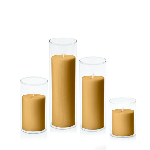 Mustard 7cm Pillar in 8cm Glass Set - Sm