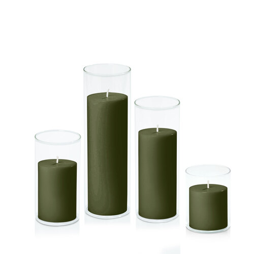 Olive 7cm Pillar in 8cm Glass Set - Sm