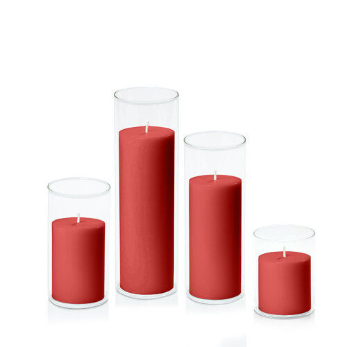 Red 7cm Pillar in 8cm Glass Set - Sm