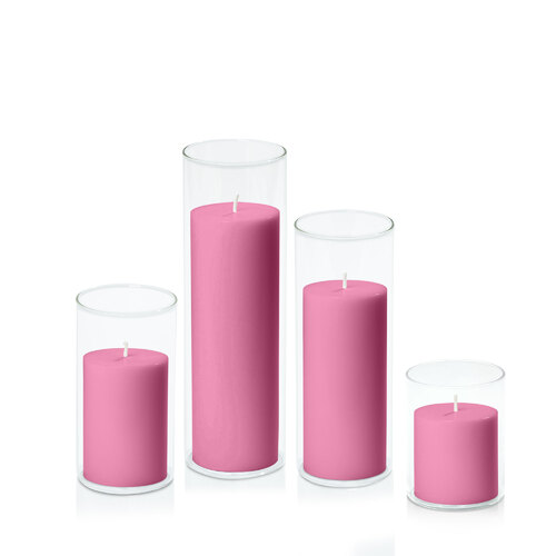 Rose Pink 7cm Pillar in 8cm Glass Set - Sm