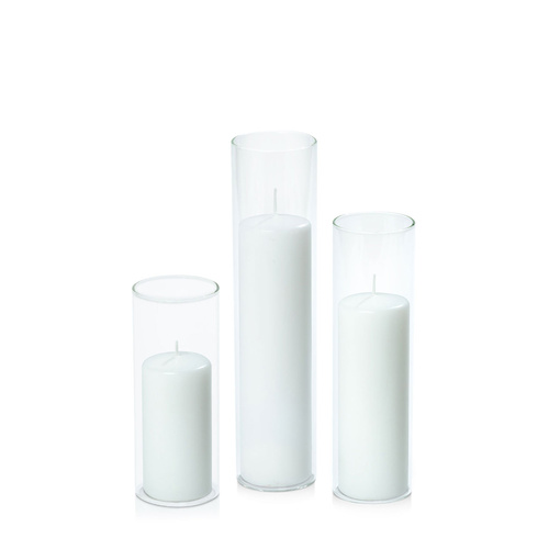 White 5cm Event Pillar in 5.8cm Glass Set - Lg