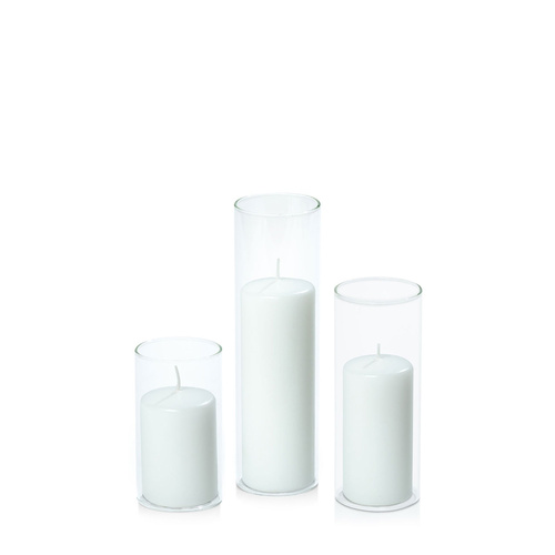 White 5cm Event Pillar in 5.8cm Glass Set - Med