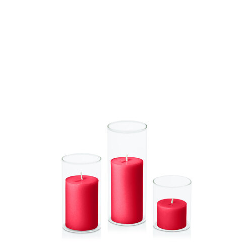 Carnival Red 5cm Pillar in 5.8cm Glass Set - Sm
