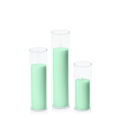 Mint Green 5cm Pillar in 5.8cm Glass Set - Lg