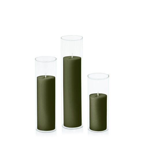 Olive 5cm Pillar in 5.8cm Glass Set - Lg