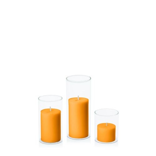 Orange 5cm Pillar in 5.8cm Glass Set - Sm