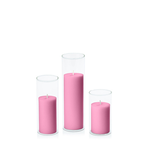 Rose Pink 5cm Pillar in 5.8cm Glass Set - Med