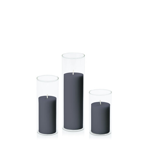 Steel Blue 5cm Pillar in 5.8cm Glass Set - Med
