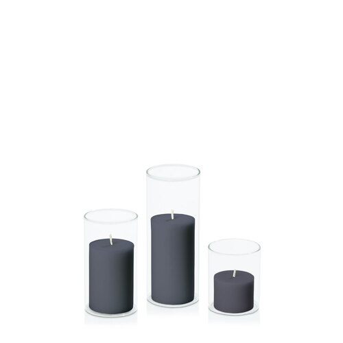 Steel Blue 5cm Pillar in 5.8cm Glass Set - Sm