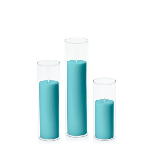 Teal 5cm Pillar in 5.8cm Glass Set - Lg