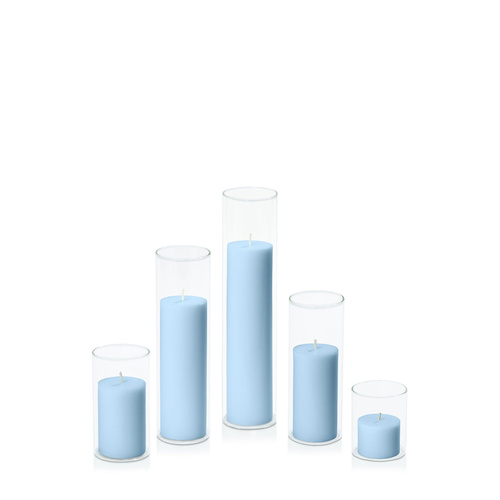 Pastel Blue 5cm Pillar in 5.8cm Glass Set - Sm