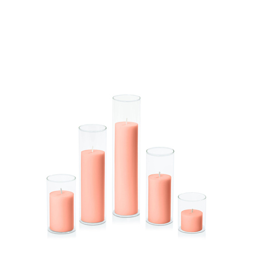 Peach 5cm Pillar in 5.8cm Glass Set - Sm