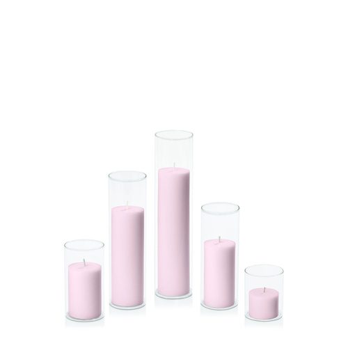 Pastel Pink 5cm Pillar in 5.8cm Glass Set - Sm