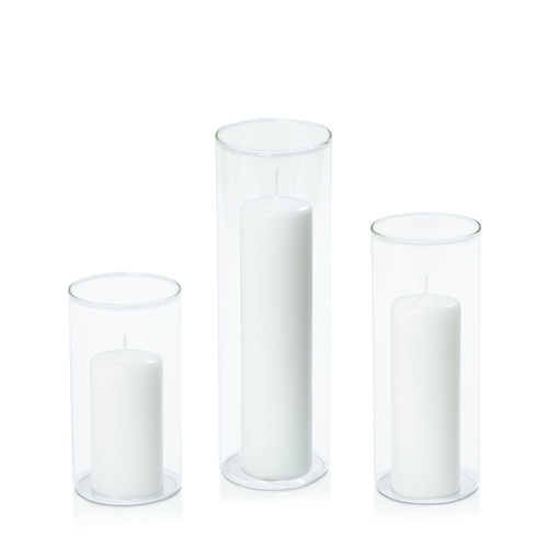 White 5cm Event Pillar in 8cm Glass Set - Med