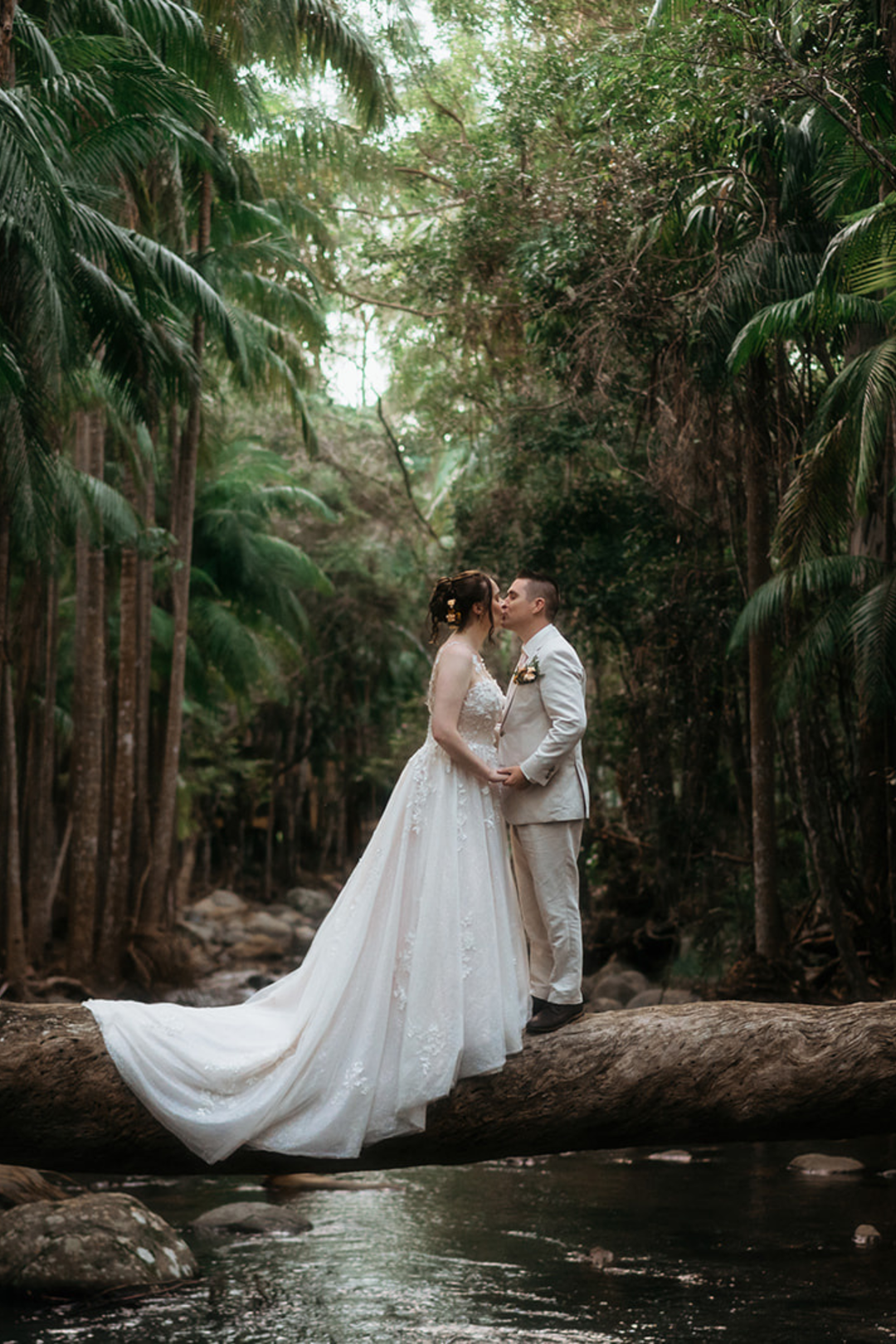 Bride and groom sharing a kiss on a suspended log over a rainforest creek