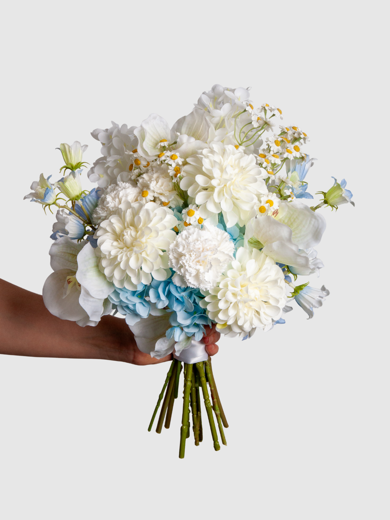 Blue Hydrangea & White Dahlia Wedding Bouquet
