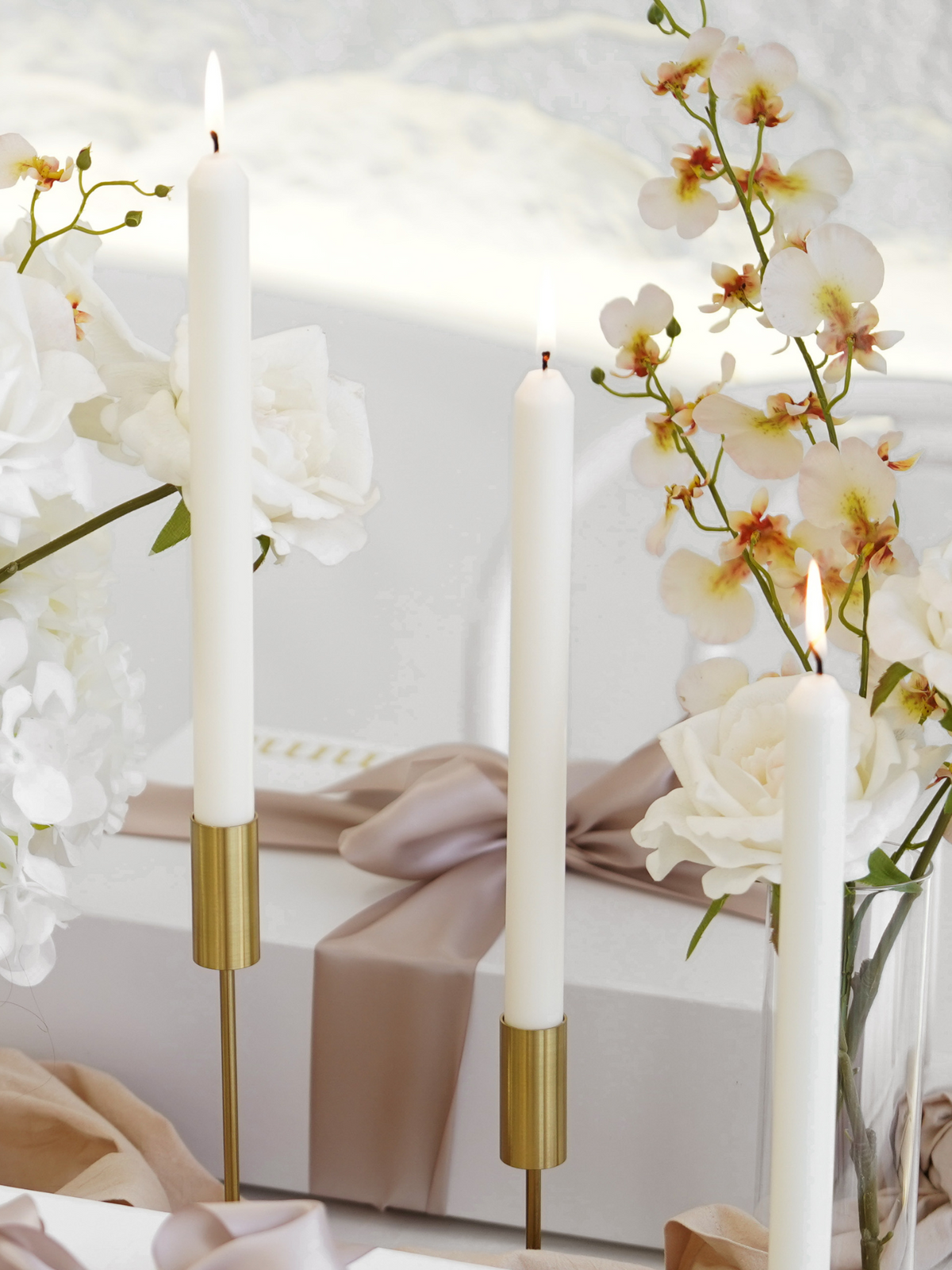 White 30cm Dinner Candles with Gold Metal Holders Trio - Set of 4