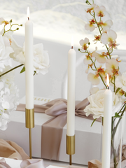 White 30cm Dinner Candles with Gold Metal Holders Trio - Set of 4
