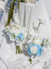 Blue Hydrangea & White Dahlia Wedding Bouquet
