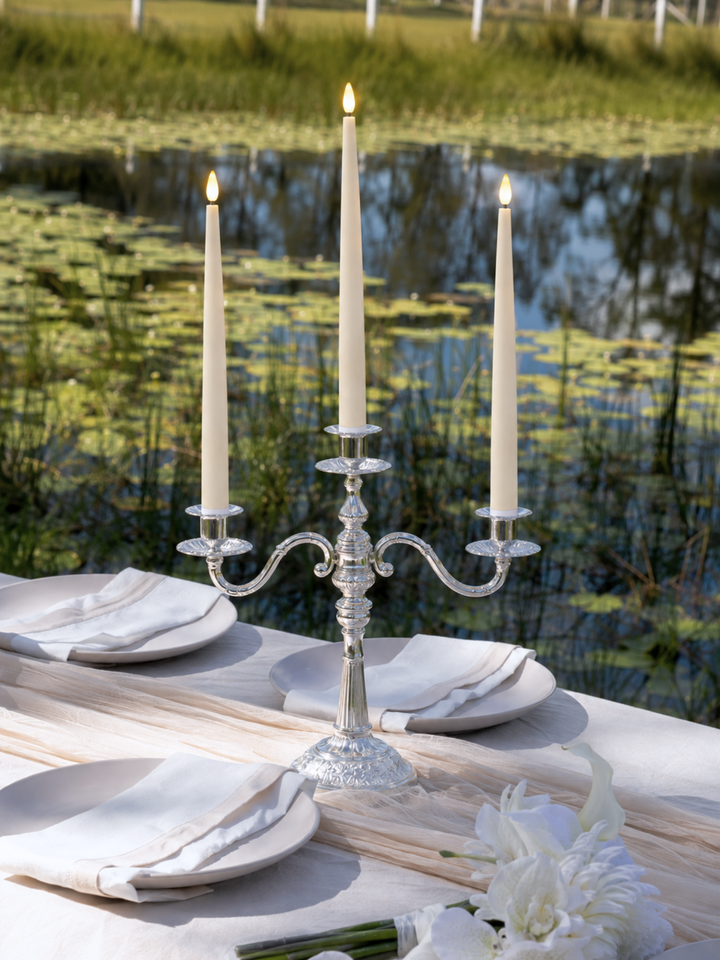 Ivory 31cm LED Taper Candles with Antique Silver Penelope 3-Arm Candelabra - Set of 2