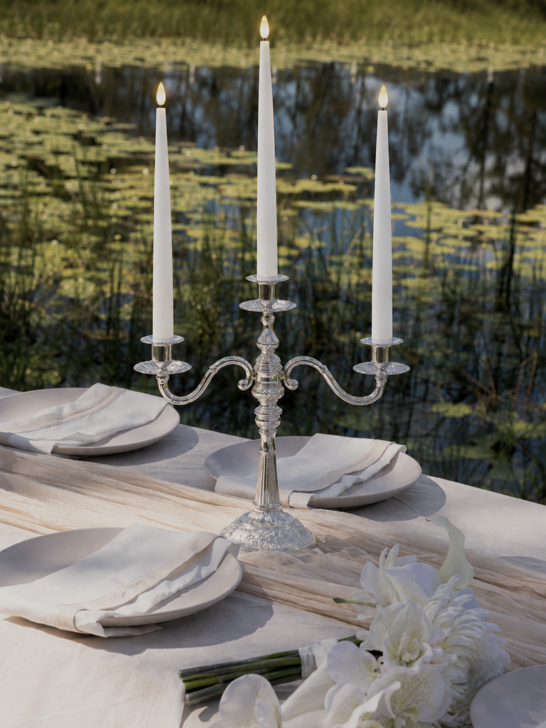 White 31cm LED Taper Candles with Antique Silver Penelope 3-Arm Candelabra - Set of 2