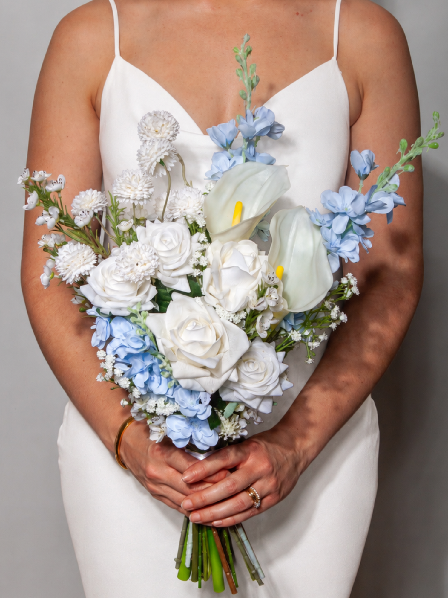Blue Delphinium & White Rose Wedding Bouquet