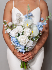 Blue Delphinium & White Rose Wedding Bouquet