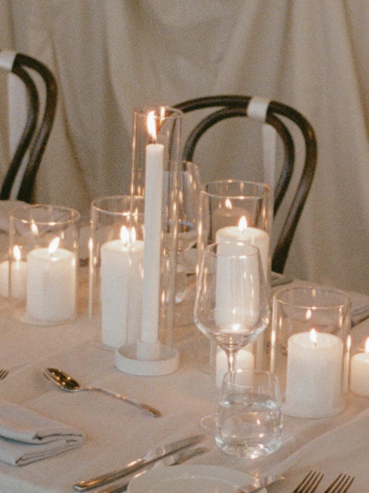 White Dinner Candles with Holders Wedding Bundle - With Glass Sleeves