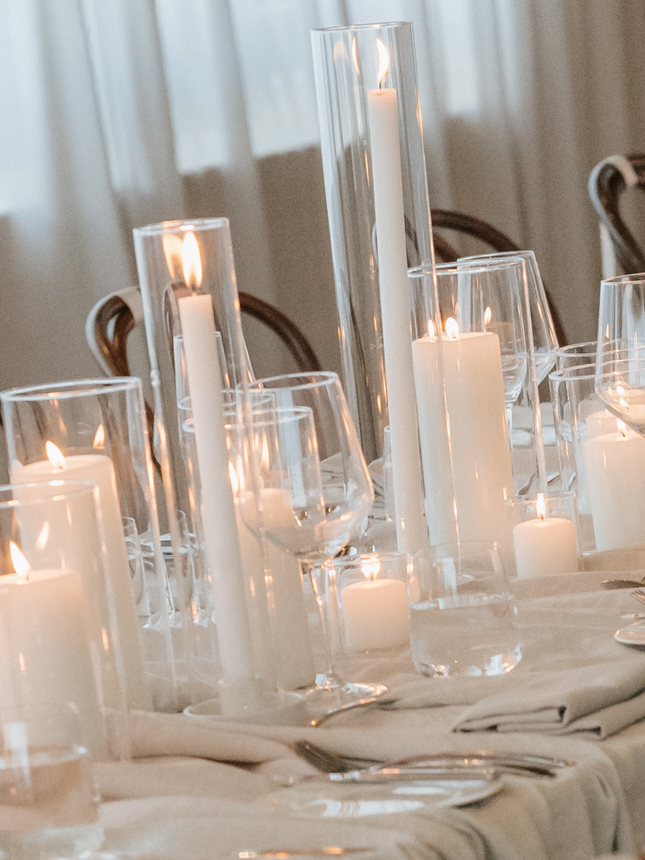 White Dinner Candles with Holders Wedding Bundle - With Glass Sleeves