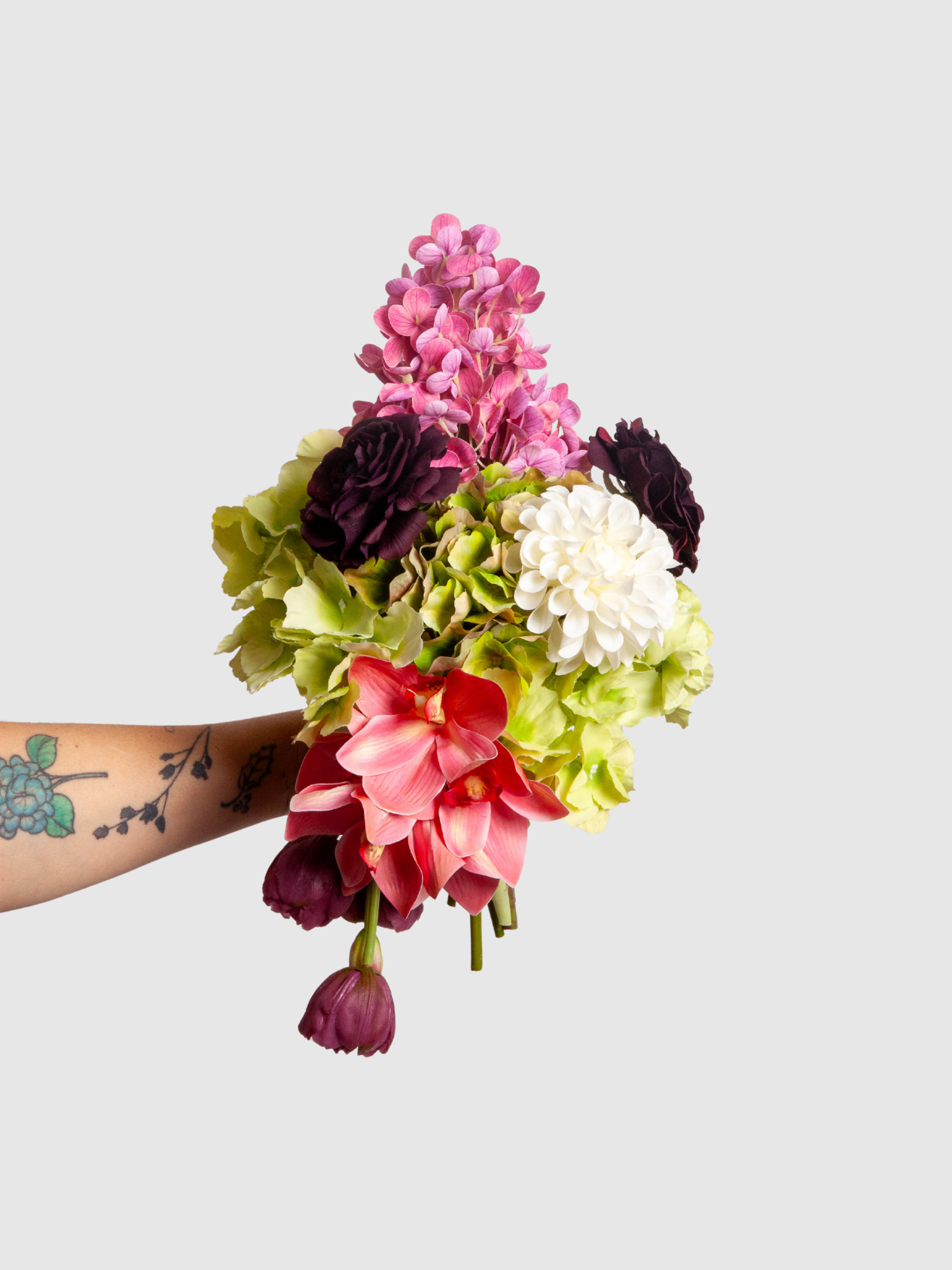 Pink Hydrangea & Burgundy Tulip Bridesmaid Bouquet