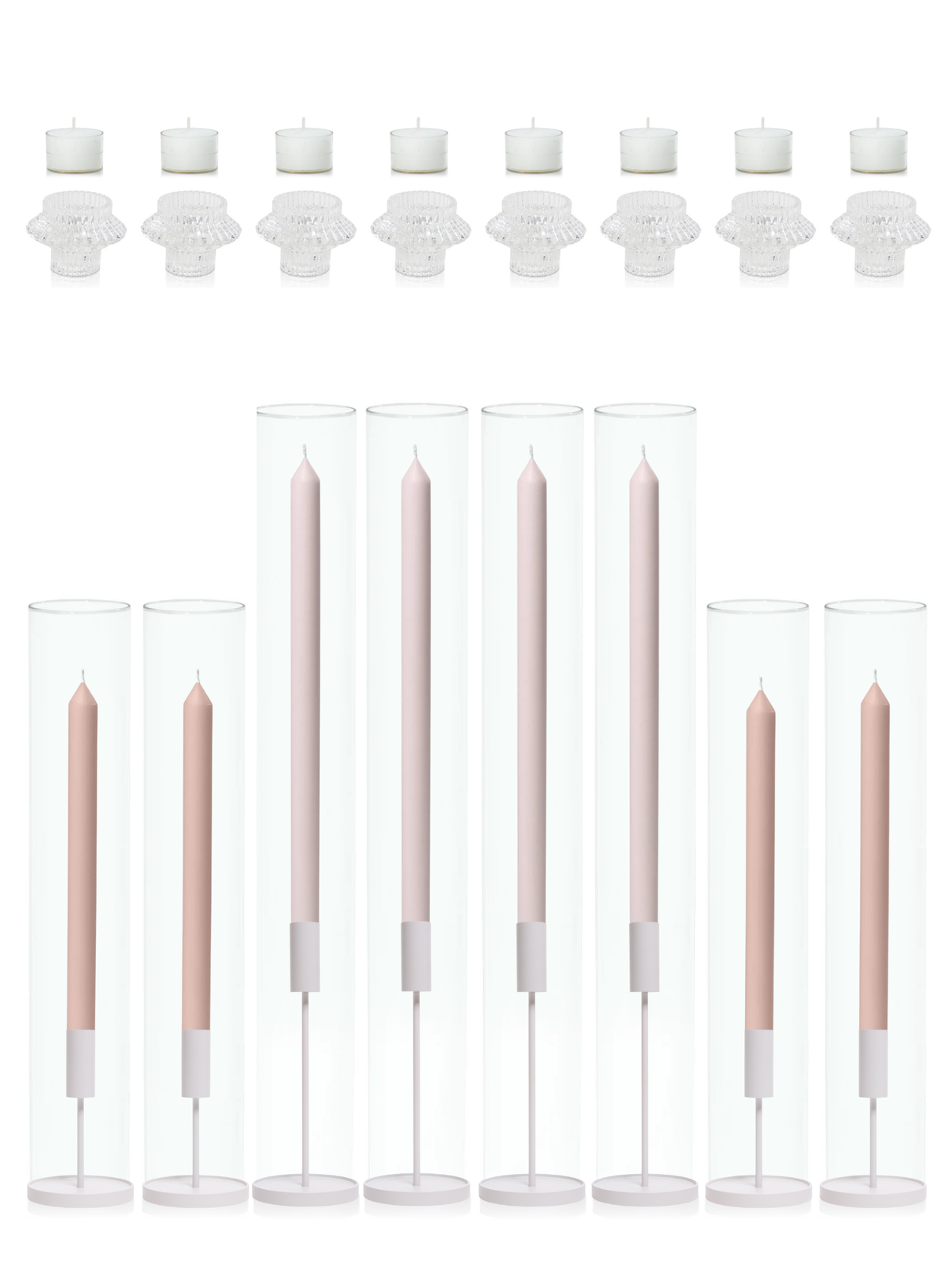 Antique Pink & Vintage Blush Dinner Candles with White Metal Holders Wedding Bundle - With Glass Sleeves