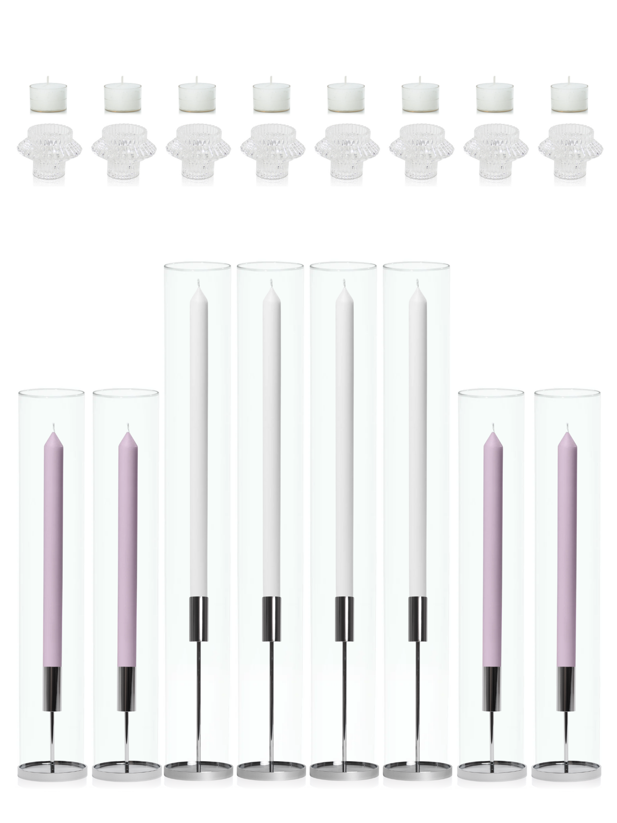 White & Lilac Dinner Candles with Silver Metal Holders Wedding Bundle - With Glass Sleeves