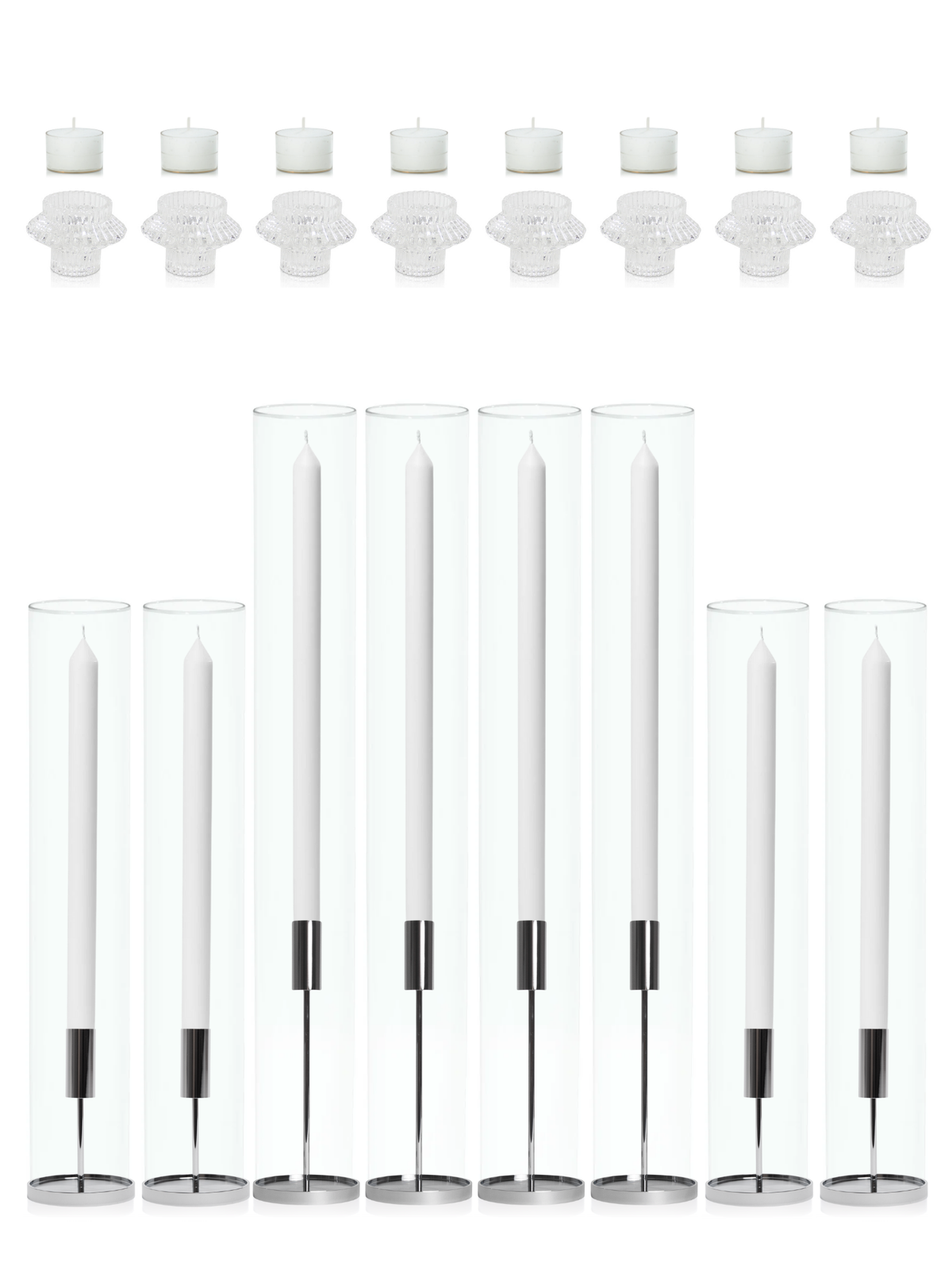White Dinner Candles with Silver Metal Holders Wedding Bundle - With Glass Sleeves