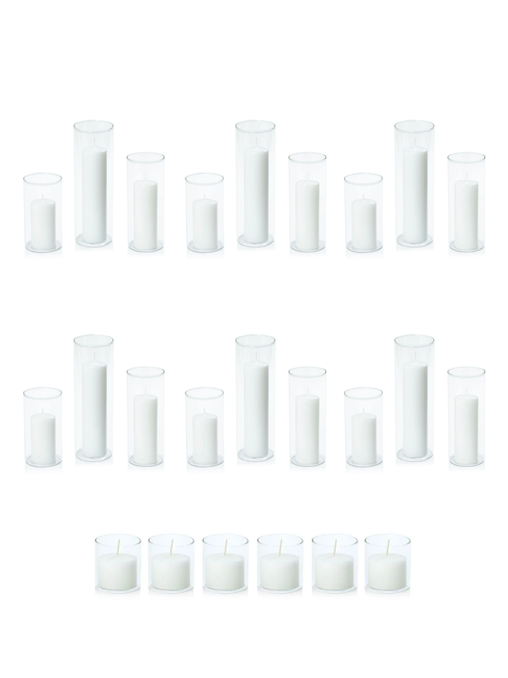 White Event Pillar Candles & Glass Wedding Bundle - Medium
