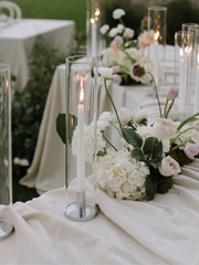 White 25cm Taper Candles with Silver Maya Metal Holders and Glass Sleeves - Set of 12