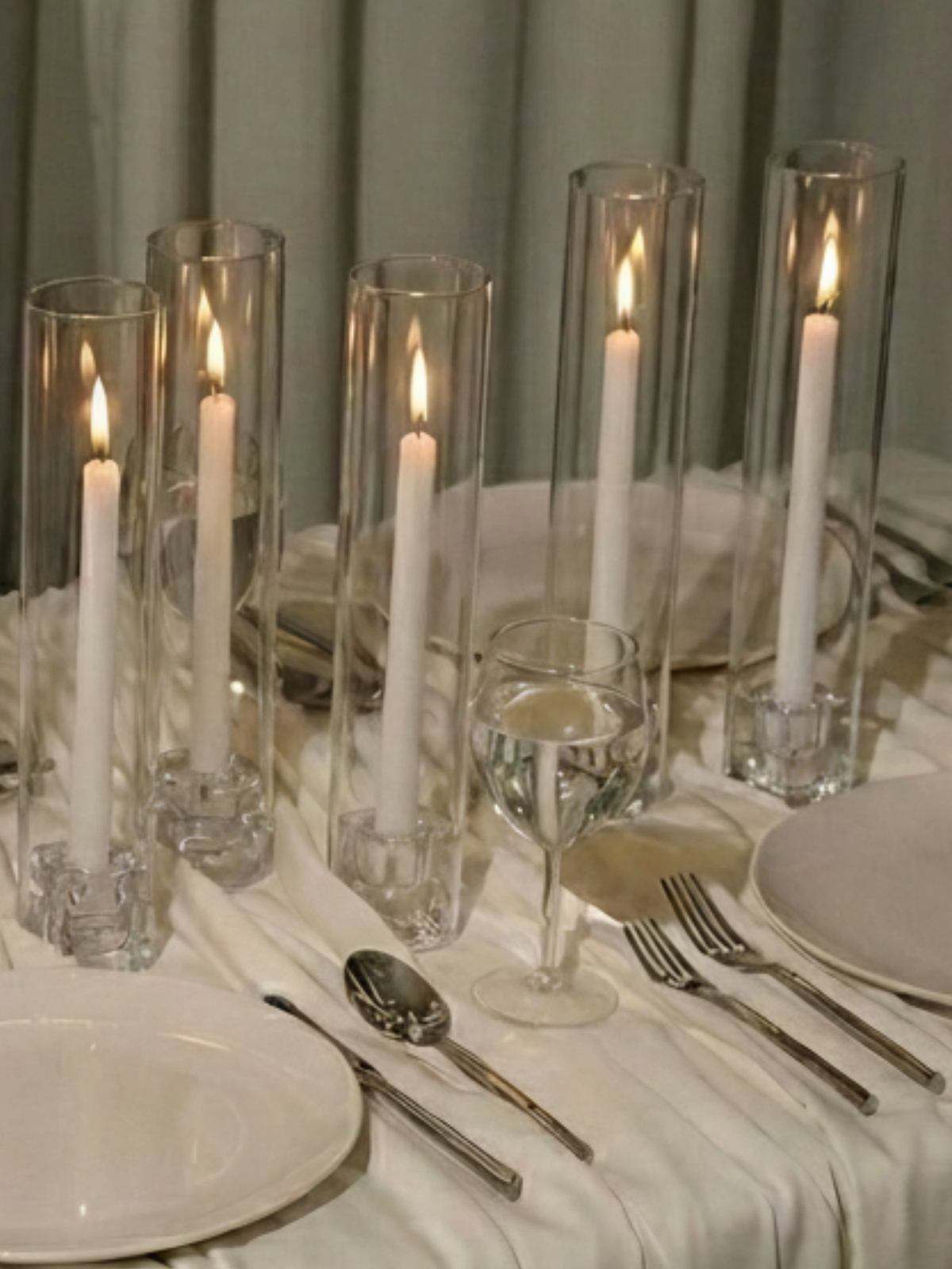 White 40cm Dinner Candles with Glass Cube Holders and Glass Sleeves - Set of 12