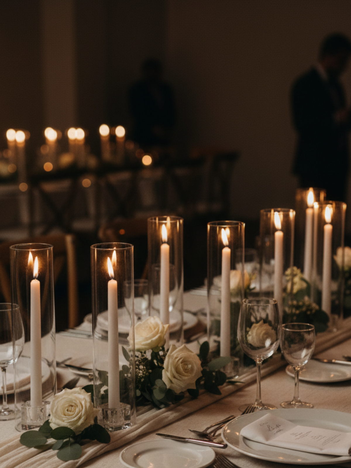 White 30cm Dinner Candles with Small Glass Holders and Sleeves - Set of 12