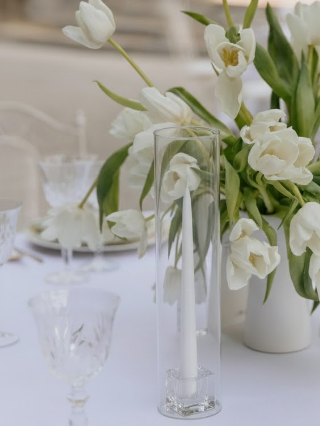 White 25cm Taper Candles with Small Glass Holders and Sleeves - Set of 12