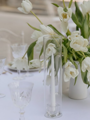 White 25cm Taper Candles with Small Glass Holders and Sleeves - Set of 12