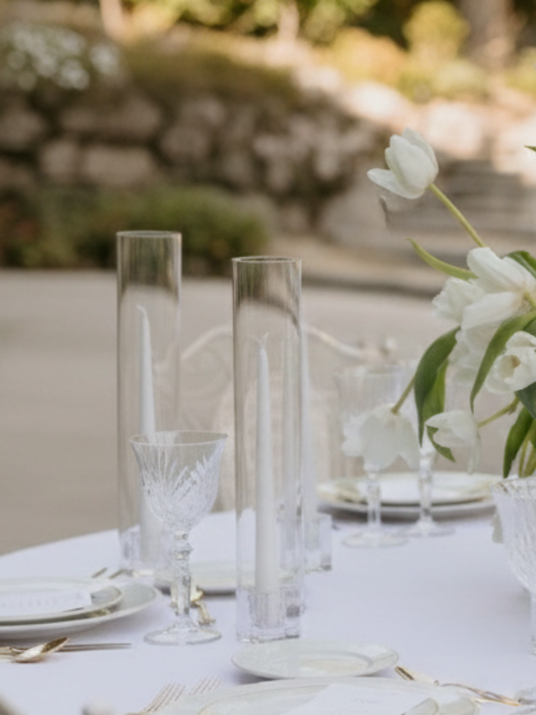 White 25cm Taper Candles with Small Glass Holders and Sleeves - Set of 12