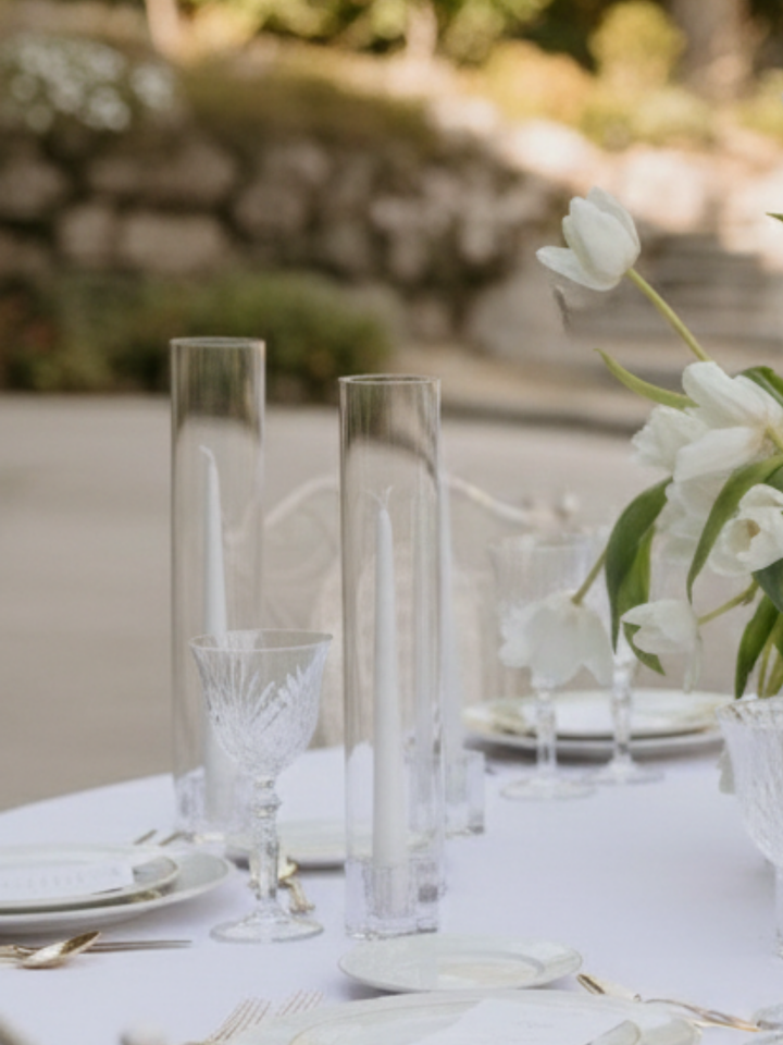 White 25cm Taper Candles with Small Glass Holders and Sleeves - Set of 12